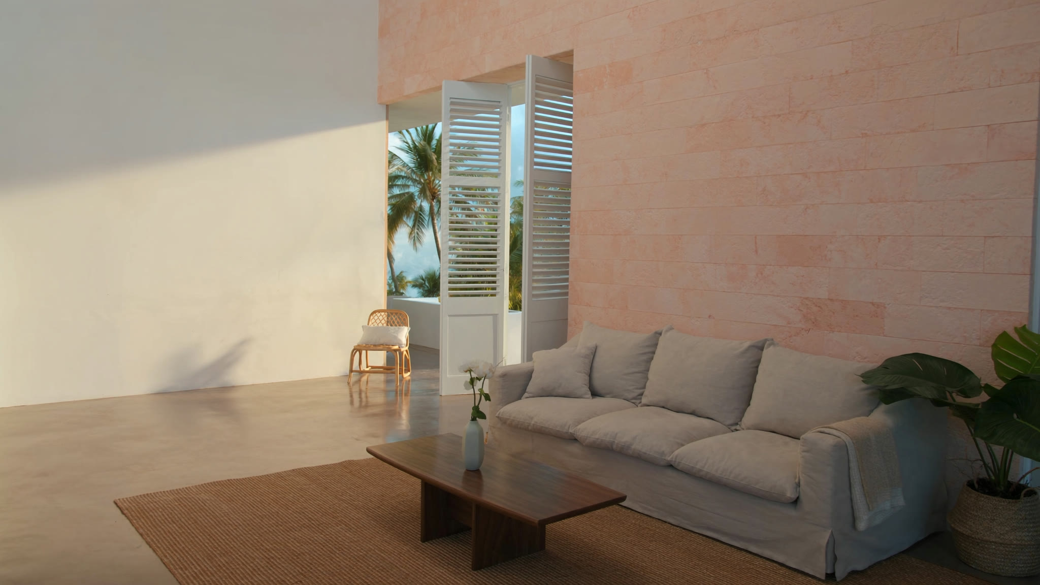 A living room in a Barbados home with the shutters open