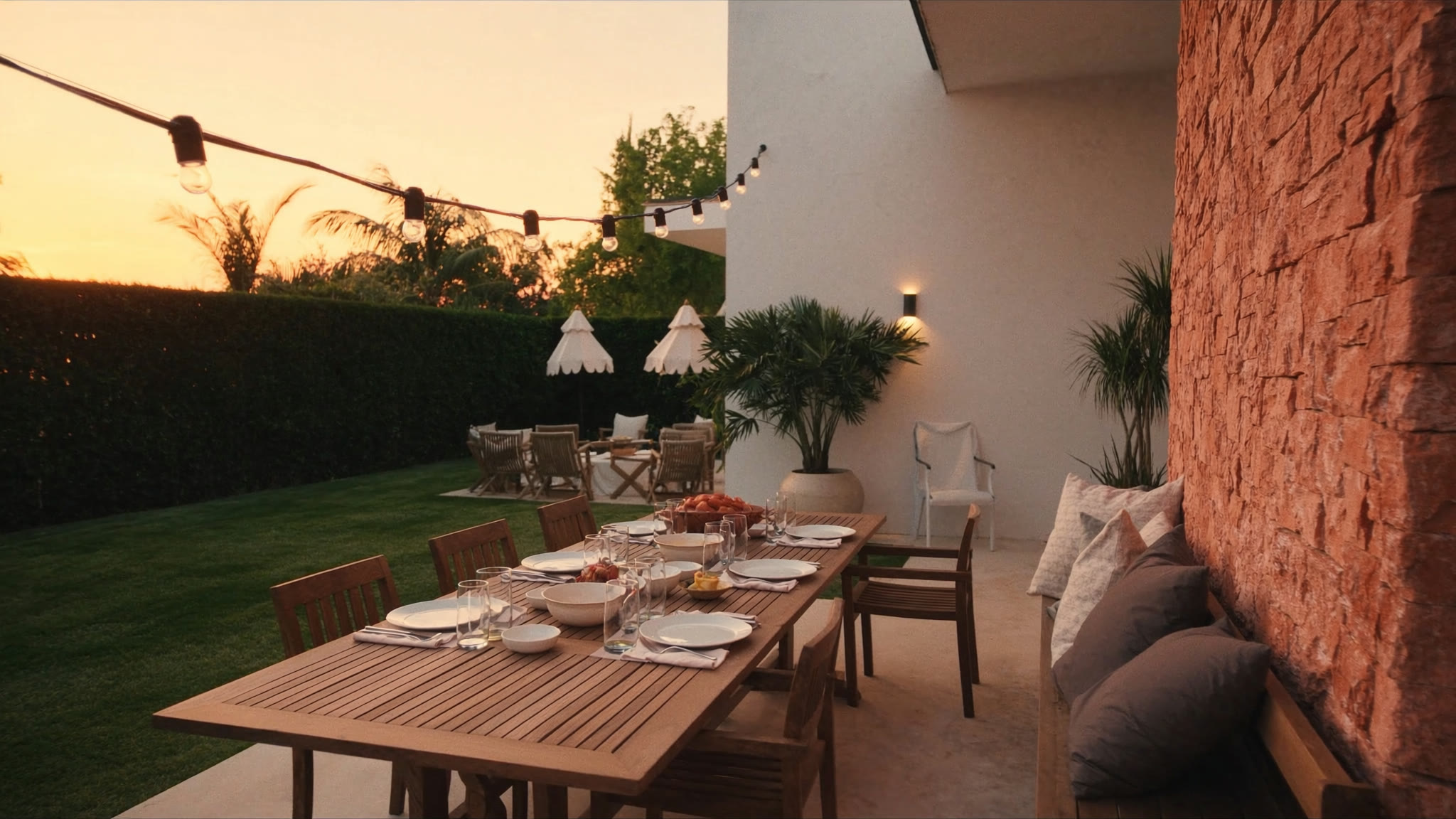 A patio table set for dinner