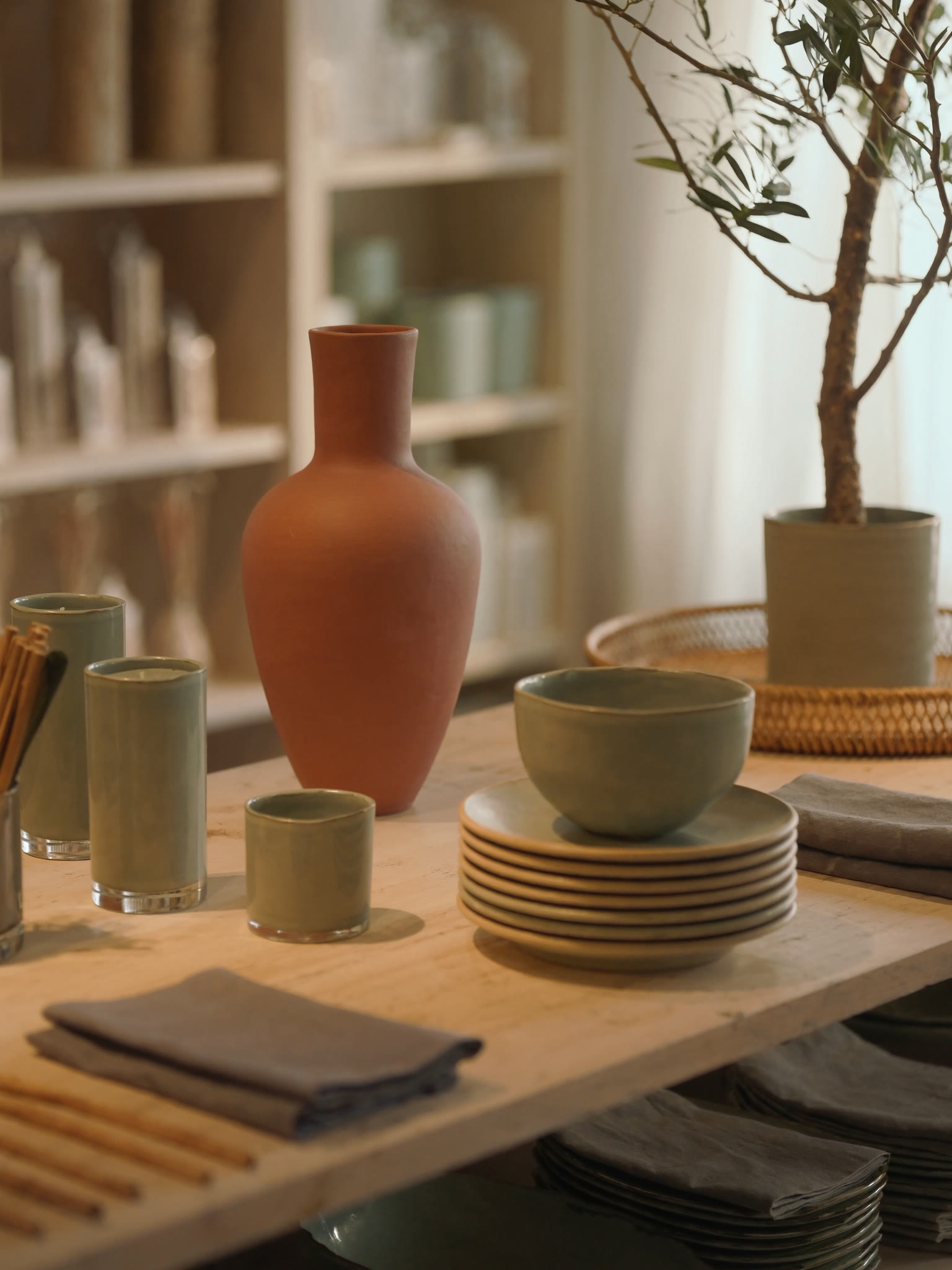 Decor arranged on a table in a store