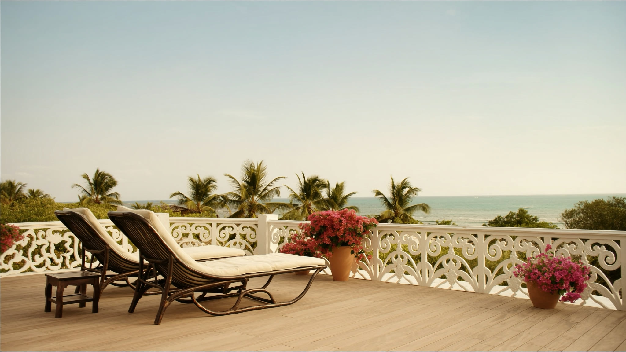 A veranda looking out over palms and the sea